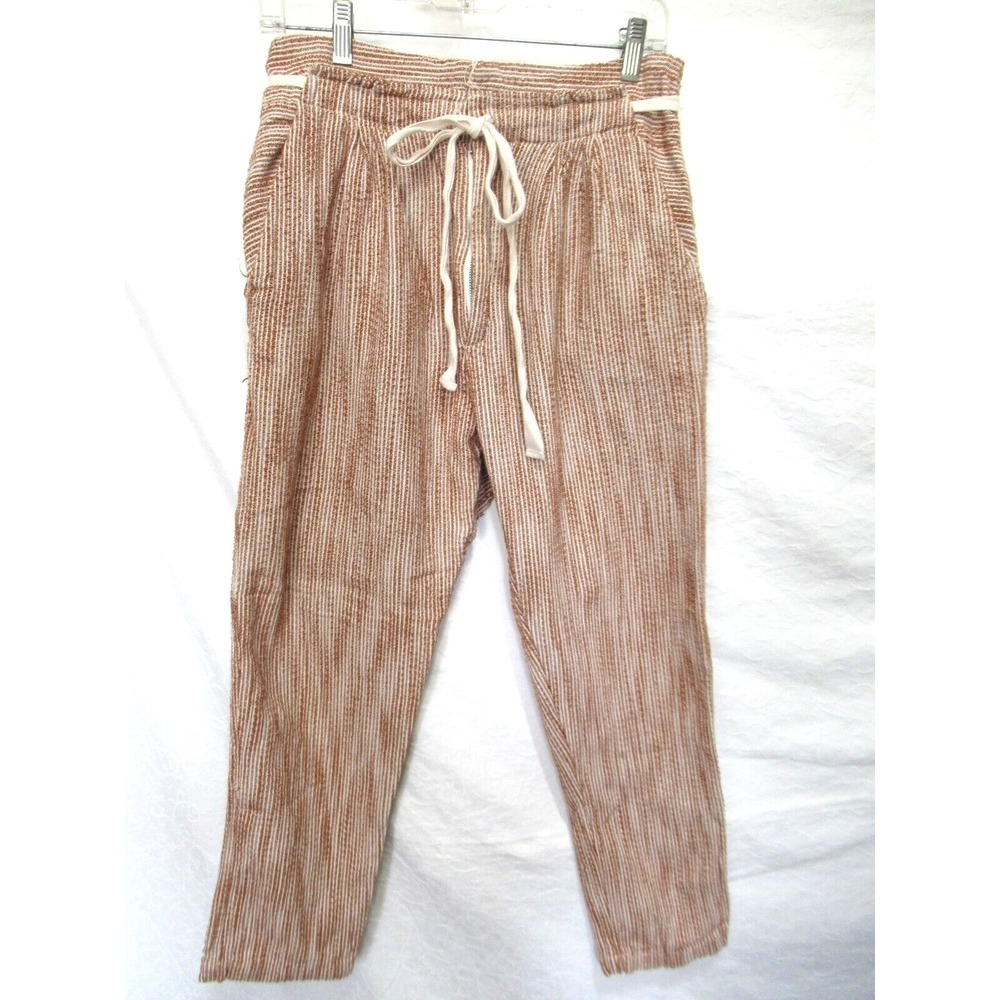 Free People Size 10 Brown & Ivory Pin Striped High Rise Slouchy Drawstring Pants